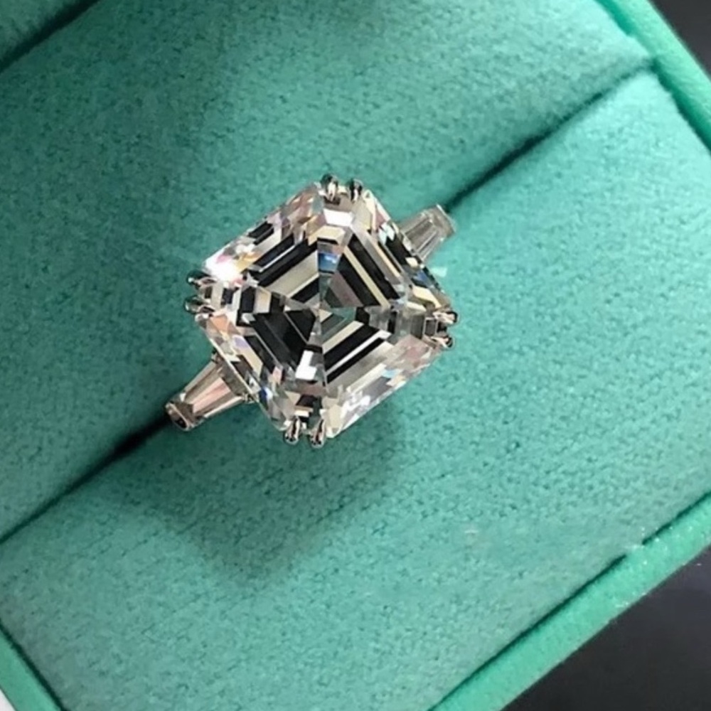 5.62-9.52Ct Three Stone Emerald Asscher White Sapphire Ring